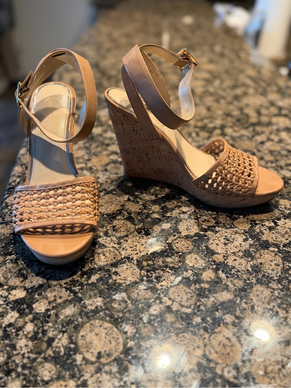 Jessica Simpson Tan Woven Cork Wedge Sandals